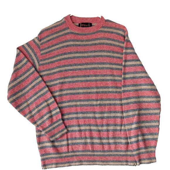 McBriar Mens Sz Large Shetland Wool Pullover  Knit Pink Gray beige striped Vtg - Picture 6 of 6